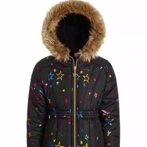 R1881 S. Rothschild Parka Puffer Jacket Hooded Fur Trim Foil Color Stars Navy 2T